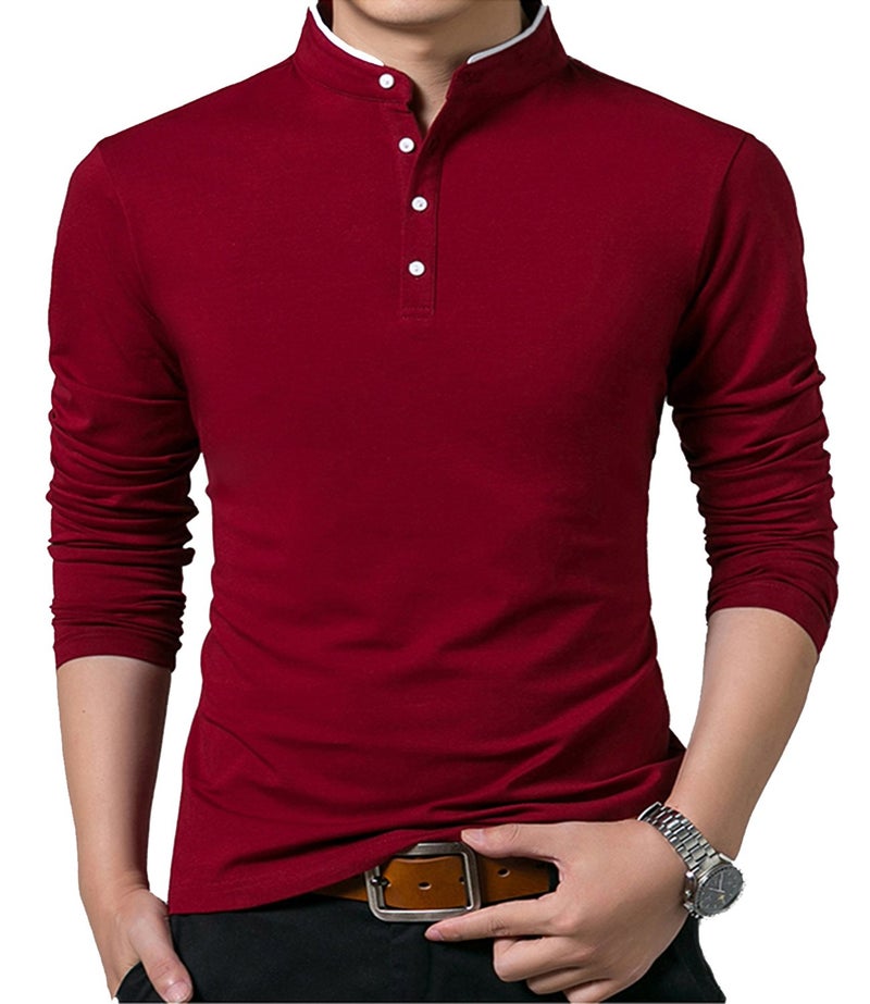KUYIGO Men's Casual Slim Fit Shirts Long Sleeve Polo Shirt Cotton Button T-Shirts Wine Red 2X-Large - Image 1